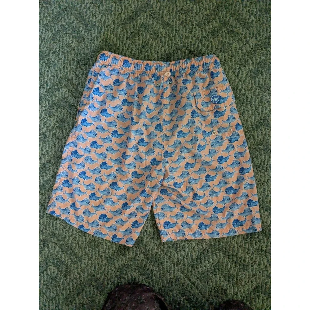 Peter Millar Seaside Mens Swim Trunks Peach Blue Mahi Mahi Fish Print Size M